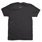 Black t-shirt with a bald head logo on the back.