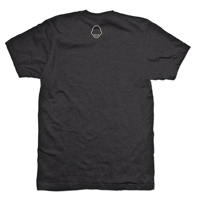 Black t-shirt with a bald head logo on the back.