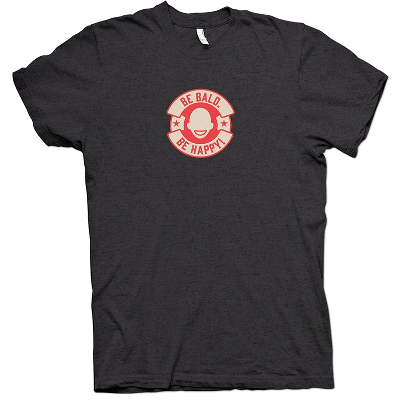 Black t-shirt with a red and white graphic and text 'Be Bald. Be Happy!' in a circle logo.