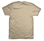 Beige t-shirt with a bald head logo on the back.