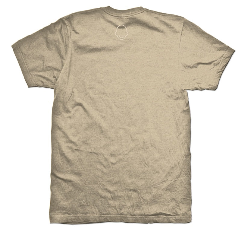 Beige t-shirt with a bald head logo on the back.