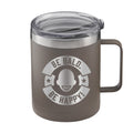 Gray insulated mug with 'Be Bald. Be Happy!' text and logo on a silver background