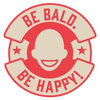 Circular logo with a bald head icon and text 'Be Bald, Be Happy!' on a white background