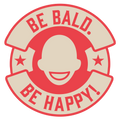 Circular logo with a bald head icon and text 'Be Bald, Be Happy!' on a white background