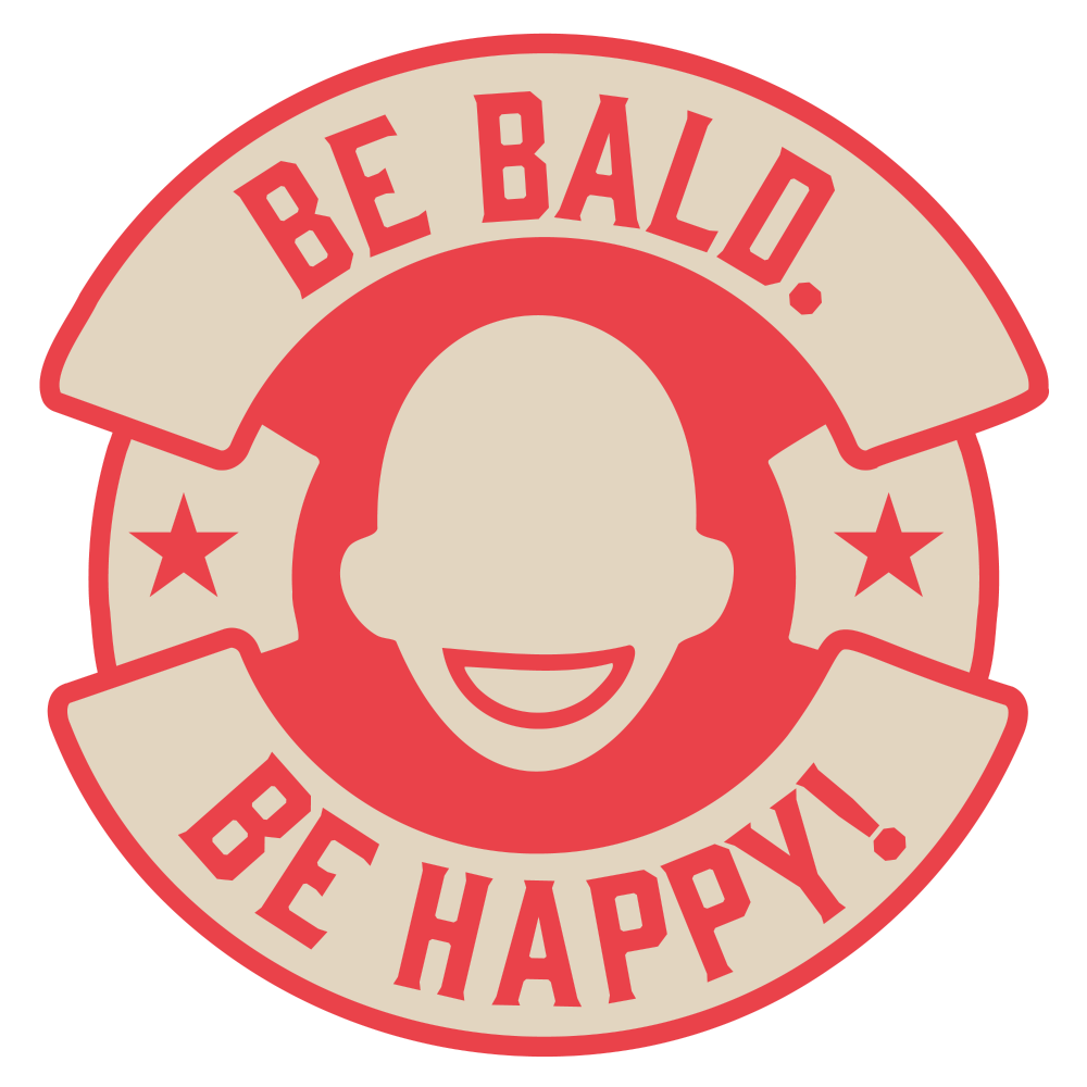 Circular logo with a bald head icon and text 'Be Bald, Be Happy!' on a white background
