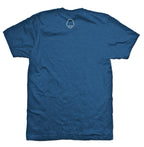 Blue t-shirt with a bald head logo on the back.