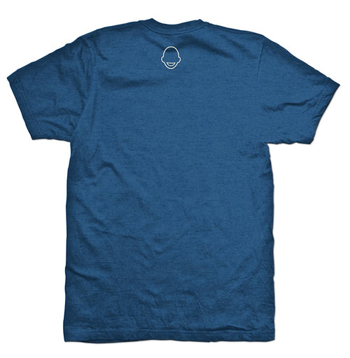 Blue t-shirt with a bald head logo on the back.