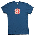 Blue t-shirt with a red and white graphic and text 'Be Bald. Be Happy!' in a circle logo.