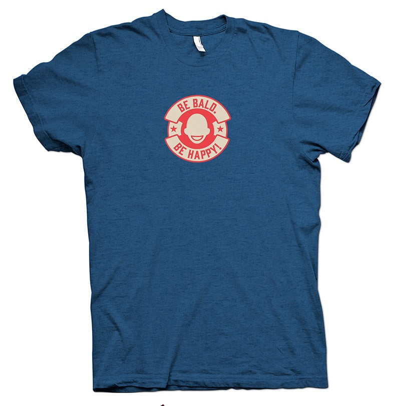 Blue t-shirt with a red and white graphic and text 'Be Bald. Be Happy!' in a circle logo.