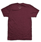 Maroon t-shirt with a bald head logo on the back.