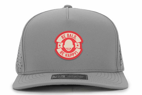 Gray cap with a red and white graphic and text 'Be Bald. Be Happy!' in a circle logo.