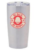 Silver tumbler with red and beige graphic and text 'Be Bald. Be Happy!' on a white background