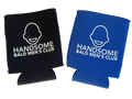 Black and blue can coolers with 'Handsome Bald Men's Club' logo on a white background