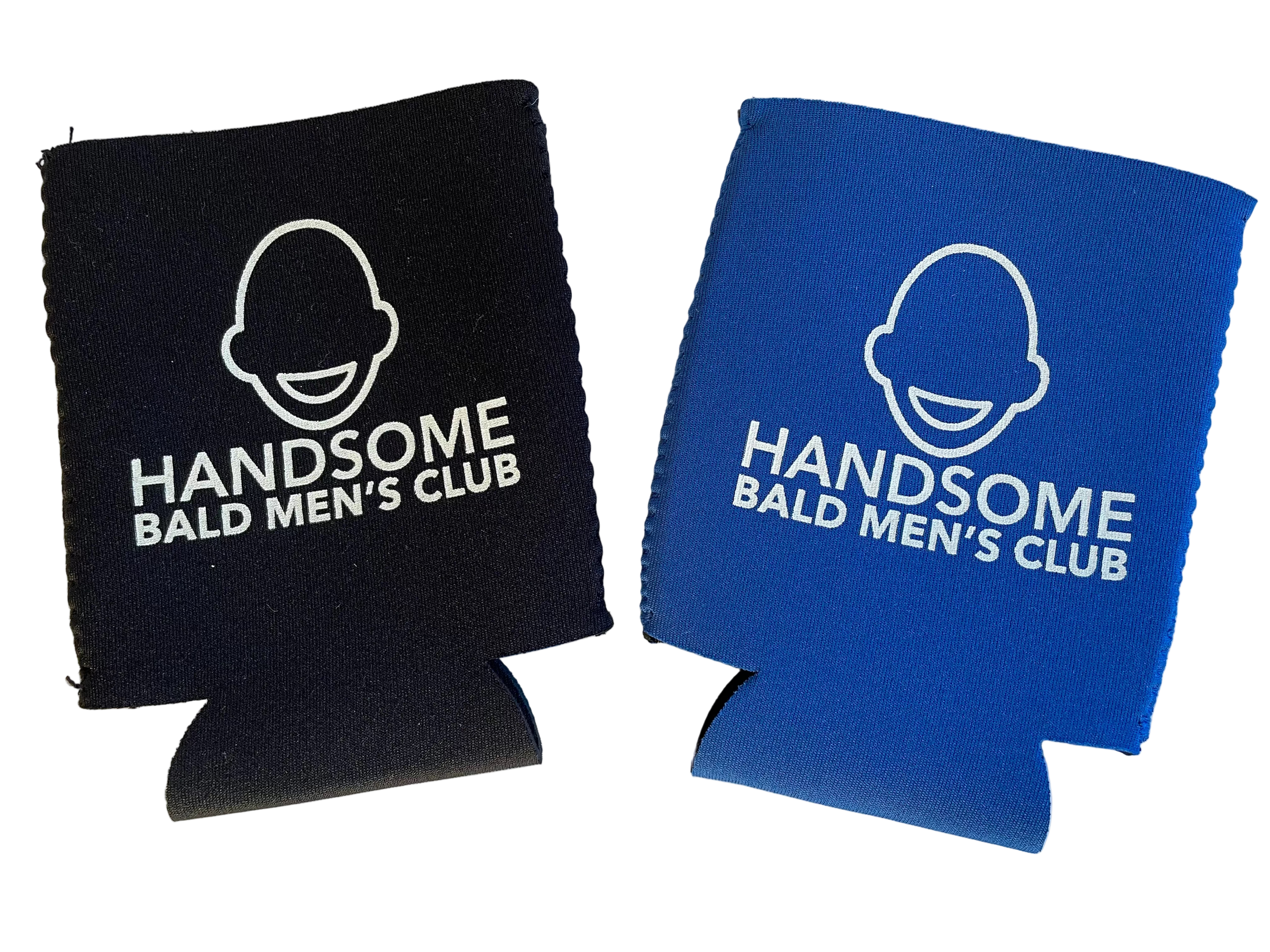 Black and blue can coolers with 'Handsome Bald Men's Club' logo on a white background
