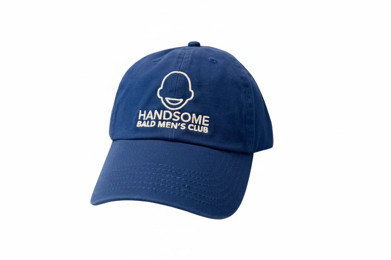 Blue cap with 'Handsome Bald Men's Club' logo 