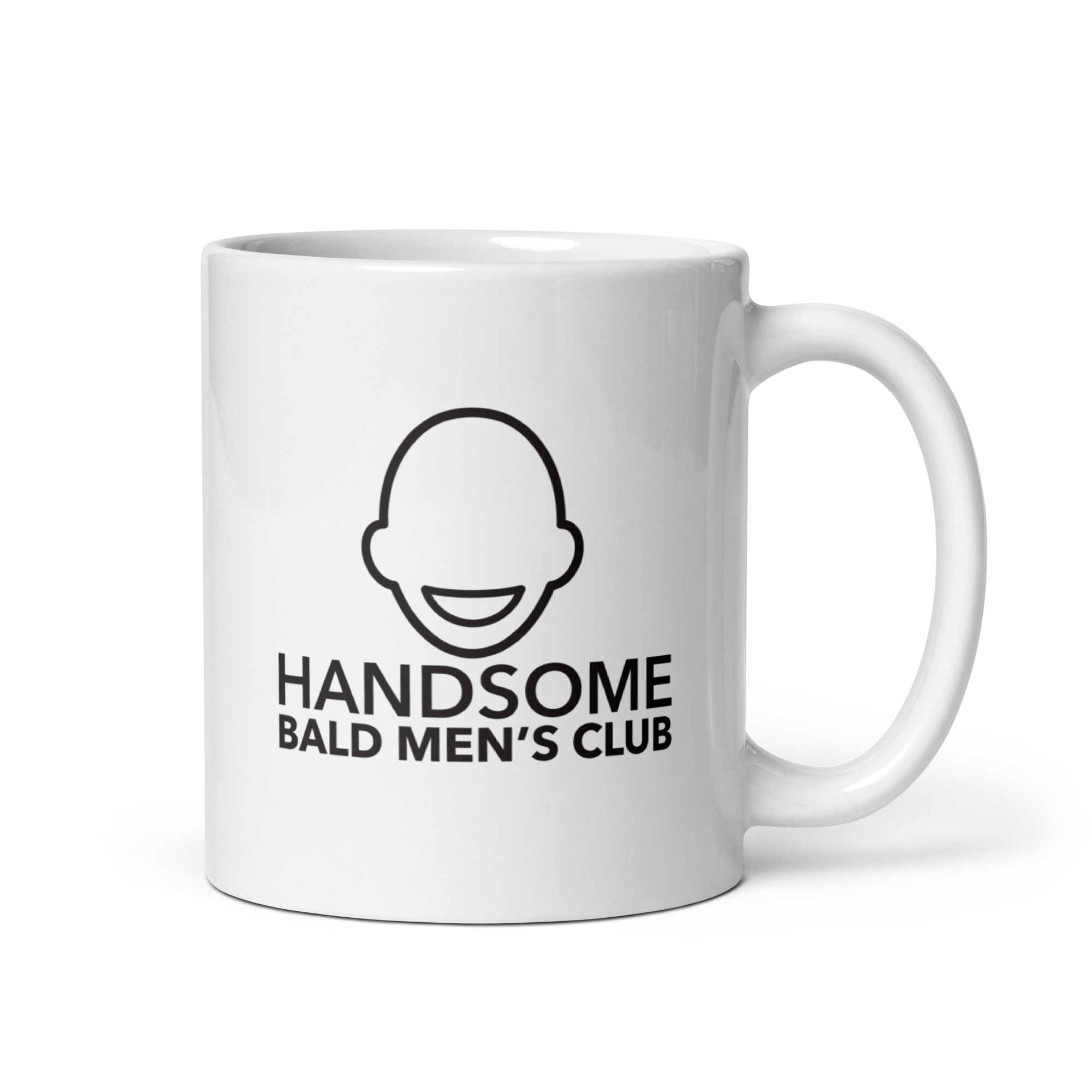 White mug with Handsome Bald Men's Club text and bald head logo.